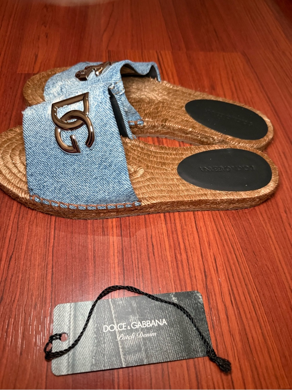 Dolce & Gabbana Denim Slide Sandals with Gold Logo - Picture 2 of 6